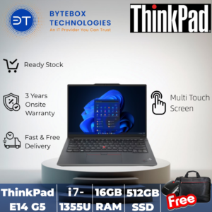 ThinkPad E14 Gen 5 (14″ WUXGA Multi Touch Screen/i7-1355U/16GB RAM/512GB SSD/3YR ONSITE WARRANTY/FREE Lenovo Essential Wireless Mouse + Thinkpad BISmart carrying case) 【Bytebox】