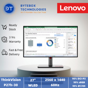 Lenovo ThinkVision P27h-30 27-inch QHD USB-C Monitor (27" /2560 x 1440 AG /HDMI+DP+USB-C+HUB/ 3Yr onsite warranty)【Bytebox】