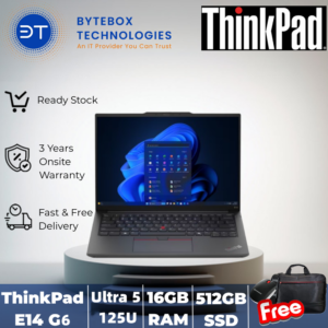 ThinkPad E14 Gen 6 (14″  WUXGA/Ultra 5 125U Processor /16GB RAM/512GB SSD/3YR ONSITE WARRANTY/FREE Lenovo Essential Wireless Mouse + Thinkpad BISmart carrying case) 【Bytebox】
