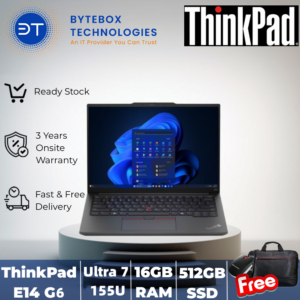 ThinkPad E14 Gen 6 (14″  WUXGA/Ultra 7 155U Processor /16GB RAM/512GB SSD/3YR ONSITE WARRANTY/FREE Lenovo Essential Wireless Mouse + Thinkpad BISmart carrying case) 【Bytebox】