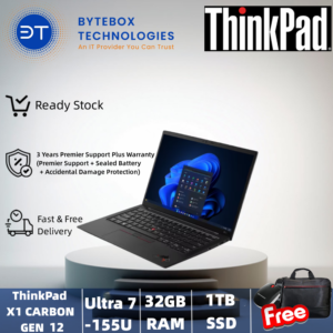 ThinkPad X1 Carbon Gen12 (14″  WUXGA/400 nits/Ultra 7 155U Processor/32GB RAM/1TB SSD/3 Years Premier Support Plus Warranty /FREE Lenovo Bluetooth Silence Mouse+Thinkpad backpack) 【Bytebox】
