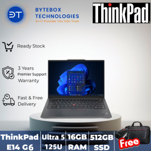 ThinkPad E14 Gen 6 (14″  WUXGA/Ultra 5 125U Processor /16GB RAM/512GB SSD/MULTI-TOUCH/3YR PREMIER SUPPORT WARRANTY/FREE Lenovo Essential Wireless Mouse + Thinkpad BISmart carrying case) 【Bytebox】