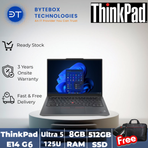 ThinkPad E14 Gen 6 (14″ WUXGA/Ultra 5 125U Processor /8GB RAM/512GB SSD/3YR ONSITE WARRANTY/FREE Lenovo Essential Wireless Mouse + Thinkpad BISmart carrying case) 【Bytebox】