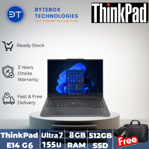 ThinkPad E14 Gen 6 (14″ WUXGA/Ultra 7 155U Processor /8GB RAM/512GB SSD/3YR ONSITE WARRANTY/FREE Lenovo Essential Wireless Mouse + Thinkpad BISmart carrying case) 【Bytebox】
