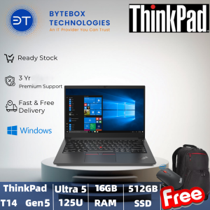 Lenovo ThinkPad T14 Gen 5（14" /Ultra 5 125U / 16GB / 512GB SSD/ 3 Yrs Premier Support /FREE Lenovo Essential Wireless Mouse + Backpack) 【Bytebox】