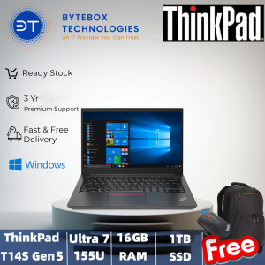 Lenovo ThinkPad T14S Gen5（14" WUXGA (1920 x 1200)/ Ultra 7 155U/16GB / 1TB SSD / 3 Yrs Premier Support /FREE Lenovo Bleutooth Silence Mouse + backpack) 【Bytebox】